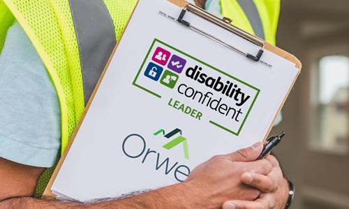 Image of someone holding a clipboard with the Disability Confident Leader logo and Orwell Housing logo showing. Image of someone holding a clipboard with the Disability Confident Leader logo and Orwell Housing logo showing.