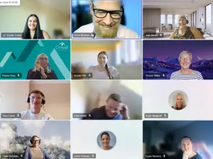 Image shows a group of people on a teams call.